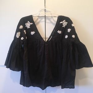 Fun Anthropologie Black Blouse with White Beading
